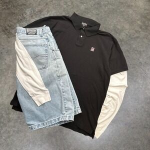 Polo Jeans Co Ralph Lauren Black Polo Shirt Large Vintage Y2K Flag Logo Boxy L